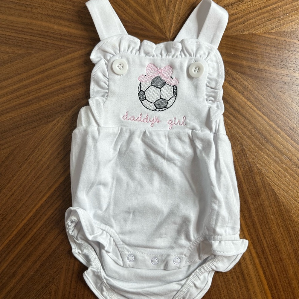 Custom Embroidered White Baby Romper/Sunsuit  Pink Bow and Soccer Design